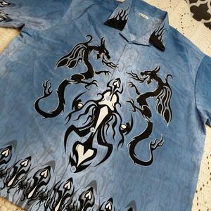 Vtg 90s Y2K Button Shirt White Blue Flames & Dragons Mens XXL No Boundaries Rare